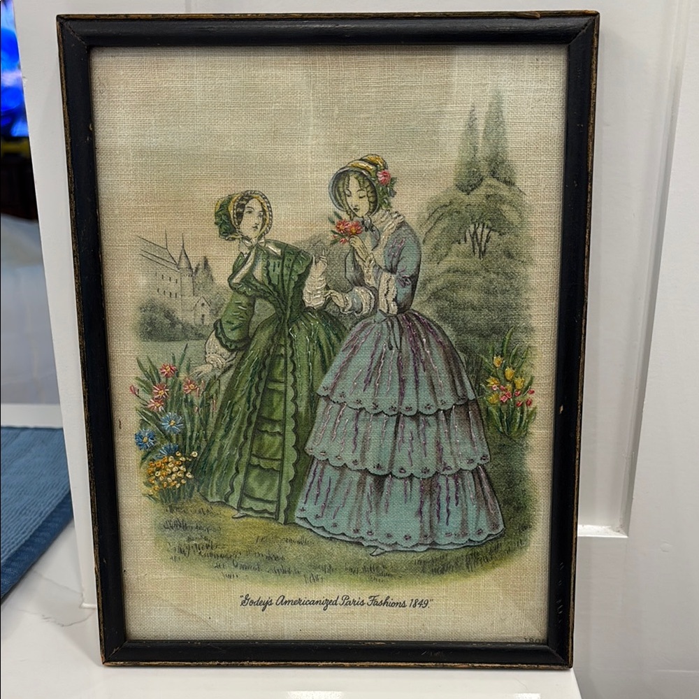 1849 Godey’s Americanized Paris Fashions Vintage Framed Victorian Needlepoint